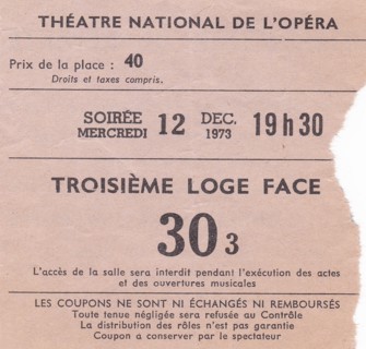 Billet de l'Opéra Garnier, 1973