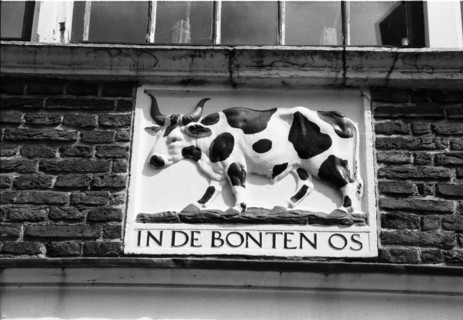 Pierre de façade ornée d'un bovin tacheté en relief, portant l'inscription "In de Bonten Os", sur