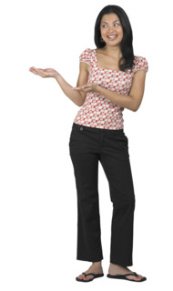 A woman gesturing with her hands.