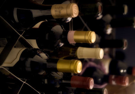 Still life of wine bottles.
