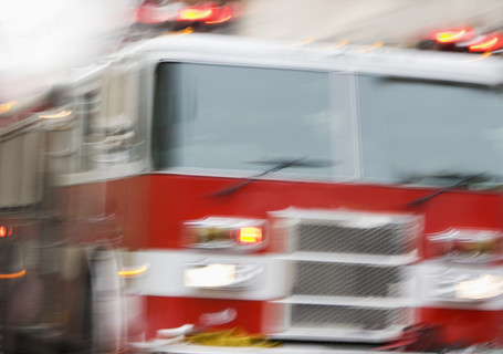 Front of fire engine in motion.