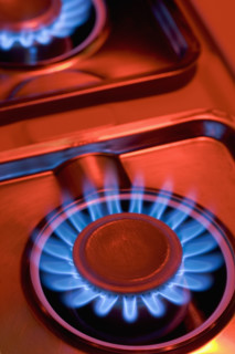 Closeup of gas-burning range.