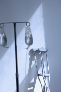 Still life of crutches and IV.