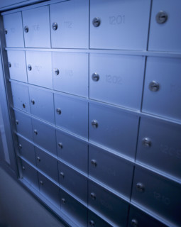 Wall of mailboxes.