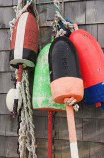 Buoys on a wall in Maine.