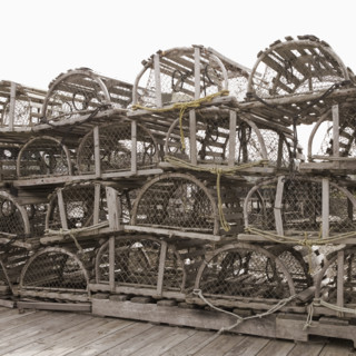 Lobster traps on dock in Maine.