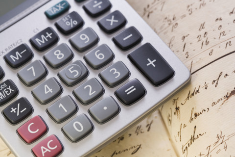 Still life of calculator and old math book.