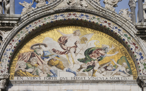 The Resurrection Byzantine mosaic on St Mark's Basilica Venice Italy.