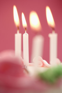 Closeup of candles on a cake.
