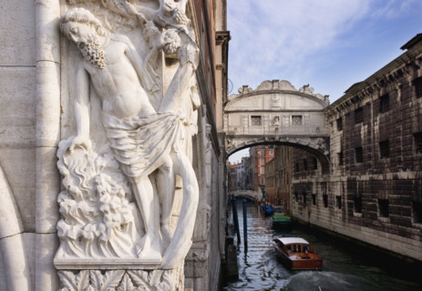 The Bridge of Sighs with sculpture depicting Drunkenness of Noah Doge's Palace Venice, Italy.