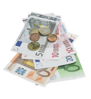 Still life of Euro coins and bills.