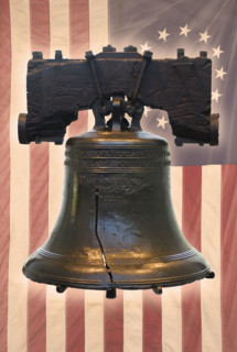 Liberty Bell and American flag with thirteen stars.