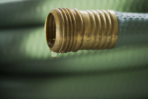Closeup of wound up garden hose.