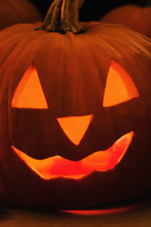 Closeup of a jack o lantern.