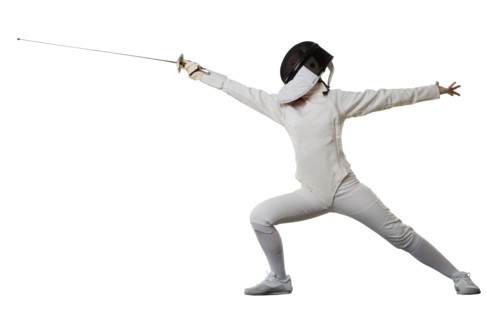 Studio shot of person in fencing outfit.