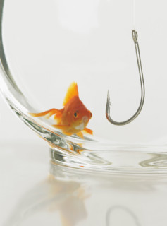 Goldfish in fishbowl with hook.