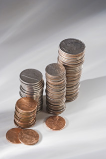 Closeup of stacked coins.