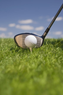 Closeup of golf ball teed up for play.