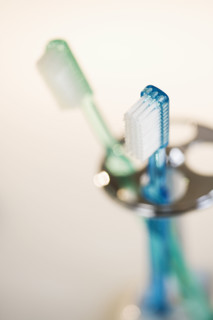 Close up of toothbrushes in holder.