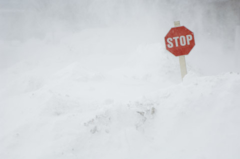 Stop sign in snow bank.