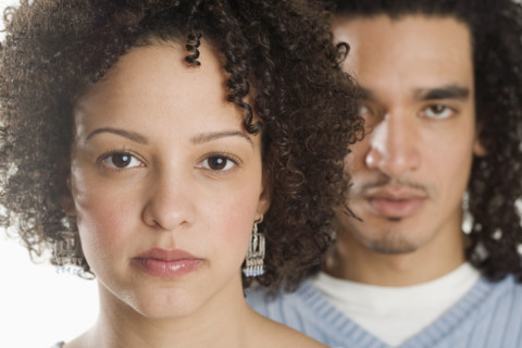 Closeup of a serious couple.