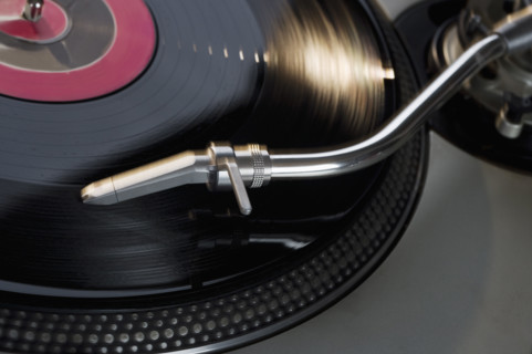 Closeup of a turntable and record.