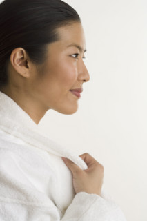 Portrait of woman in terrycloth robe.