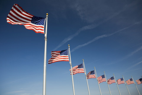 Flags around Washington Memorial Washington DC USA.