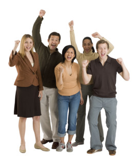Multi-ethnic friends cheering.