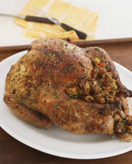 Close up of Thanksgiving turkey on table.