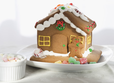 Close up of gingerbread house.