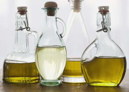 Assorted bottles of oil.