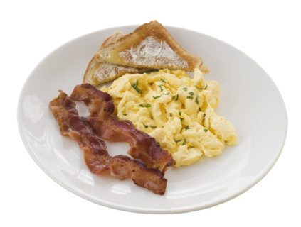 Plate of eggs, toast and bacon.