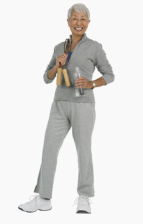 Studio shot of senior woman wearing athletic gear.