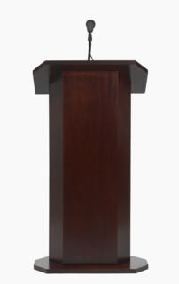 Studio shot of podium with microphone.