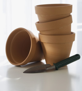 Terracotta pots and garden spade.