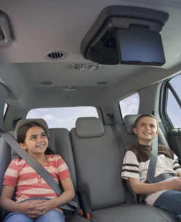 Brother and sister watching moving in car.