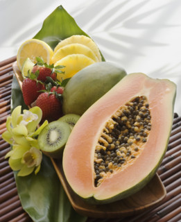 Assorted fruit on platter.