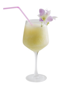 Blended cocktail with straw and flower.