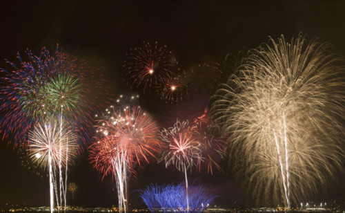 Fireworks in night sky.
