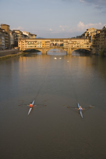 High angle view of people sculling, Ponte Vecchio, Florence, Italy.