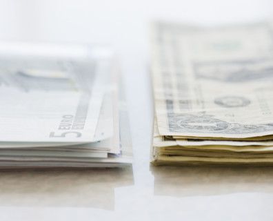 Stacks of Euros and American dollars. Date : 2006