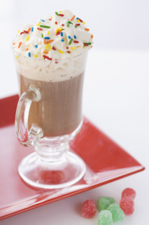 Close up of milkshake and gumdrops. Date : 2006