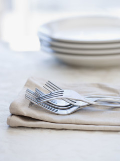 Close up of forks on napkin. Date : 2006