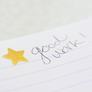 Close up of gold star and good work on notebook. Date : 2006