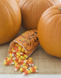 Still life of pumpkins and candy corn. Date : 2006
