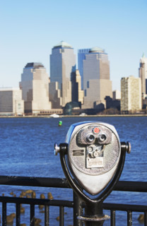 New York skyline across water, New York, United States. Date : 2007