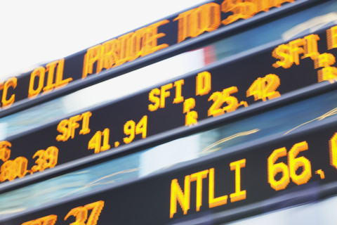Low angle view of stock market display. Date : 2007