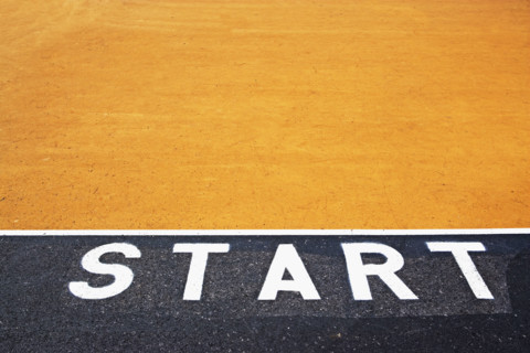 Starting line painted on asphalt. Date : 2007