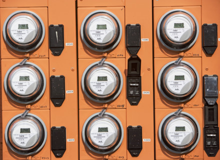 Rows of electric meters. Date : 2007